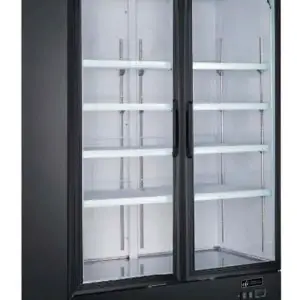commercial black double glass door cooler and internal LED lighting.