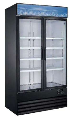 commercial black double glass door cooler and internal LED lighting.