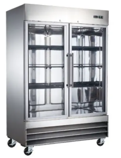 A commercial stainless steel cooler with two glass doors, eight wire shelves, and a bottom-mounted refrigeration system.