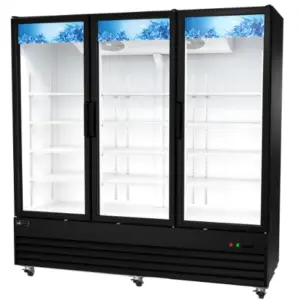 A commercial 3 swing door black cooler with 12 shelves.