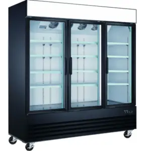 A commercial black cooler with three glass doors and twelve wire shelves.