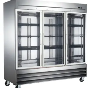 A commercial stainless steel cooler with three glass doors, nine wire shelves