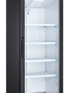 A commercial black freezer with a single glass door and wire shelves.