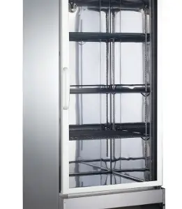 A stainless steel freezer with a glass door and adjustable shelves.