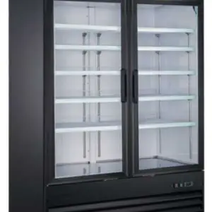 A commercial black freezer with two glass doors, adjustable shelves, and internal LED lighting.