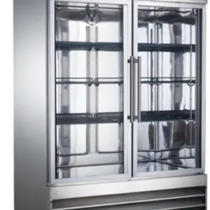 A wide commercial stainless steel freezer with two glass doors and six adjustable shelves