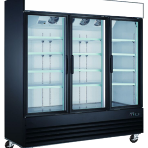 A 78-inch wide commercial black freezer with three glass doors, twelve wire shelves, and LED lighting.