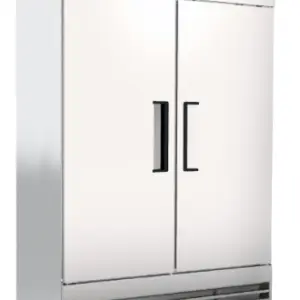 A commercial stainless steel freezer with two solid doors and wire shelves.