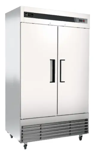 A commercial stainless steel freezer with two solid doors and wire shelves.