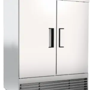 A 54-inch wide commercial stainless steel refrigerator with two solid doors with six adjustable wire shelves