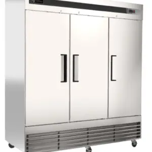 An 82-inch wide commercial stainless steel refrigerator with three solid doors and nine adjustable shelves.