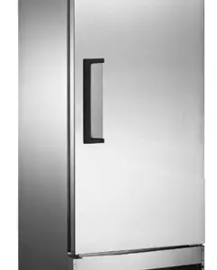 A commercial stainless steel freezer with a single solid door and adjustable wire shelves