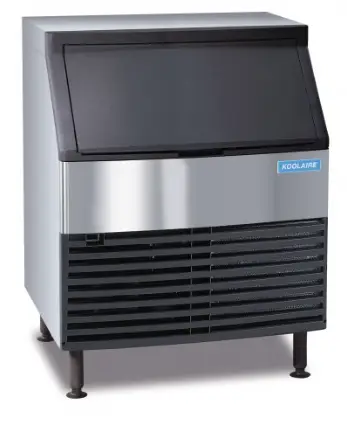 A Koolaire undercounter ice machine with a stainless steel exterior and black hood.