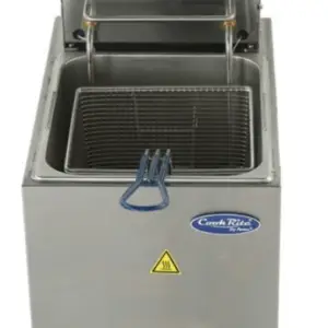 Electric countertop fryer with stainless steel construction.