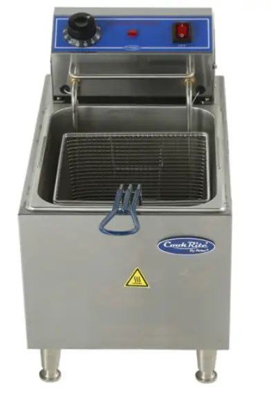 Electric countertop fryer with stainless steel construction.