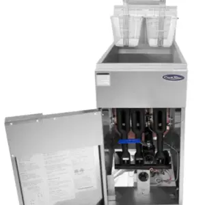 An Atosa commercial fryer. Featuring a stainless steel tank and a silver body with pre-installed casters.