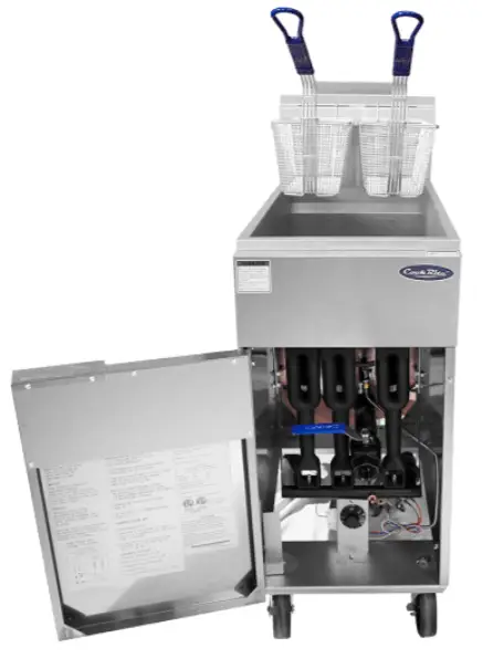 An Atosa commercial fryer. Featuring a stainless steel tank and a silver body with pre-installed casters.