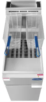 An Atosa commercial fryer. Featuring a stainless steel tank and a silver body with pre-installed casters.