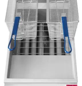 An Atosa commercial fryer. Featuring a stainless steel tank and a silver body with pre-installed casters.
