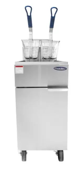 An Atosa commercial fryer. Featuring a stainless steel tank and a silver body with pre-installed casters.