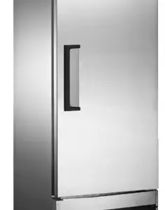A 29-inch wide commercial stainless steel refrigerator with a single solid door and three wire shelves