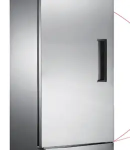 A commercial stainless steel refrigerator with a single solid door, wire shelves, and casters.