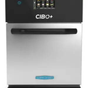 A compact stainless steel countertop rapid cook oven with a digital touchscreen interface and front-loading door.