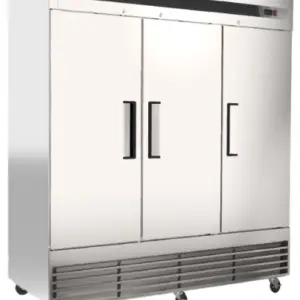 A wide commercial stainless steel freezer with three solid doors and nine adjustable shelves