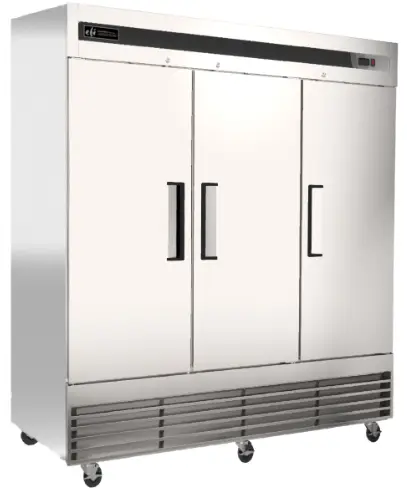 A wide commercial stainless steel freezer with three solid doors and nine adjustable shelves