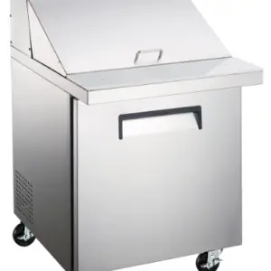 A commercial stainless steel refrigerated mega top prep table with one door, an insulated lid, and a polyethylene cutting board.