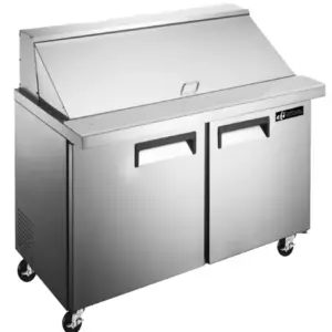 A stainless steel refrigerated mega top prep table with two doors, an insulated lid, and a polyethylene cutting board.