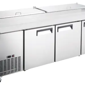 A 93-inch wide stainless steel refrigerated pizza prep table with three doors, and a wide polyethylene cutting board.