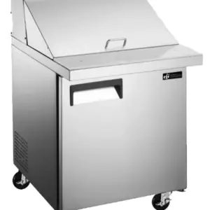 A stainless steel refrigerated salad and sandwich prep table with one door.