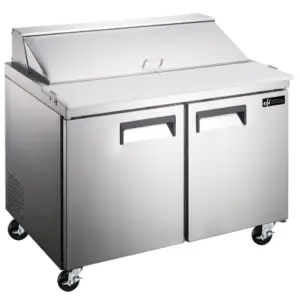 A wide stainless steel refrigerated salad and sandwich prep table with two doors