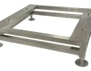 A sturdy stainless steel stacking kit frame with adjustable feet.