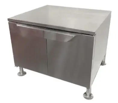 A professional-grade stainless steel combi oven stand featuring enclosed storage doors and a flat top