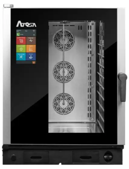 A compact stainless steel Atosa Smart Touch Combi Oven featuring a digital touch screen and a glass door.