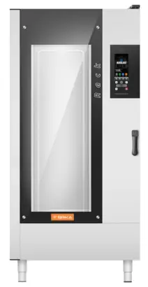 A tall, professional-grade stainless steel electric combi oven with a 16-rack capacity and a large digital touch screen interface on the front panel.