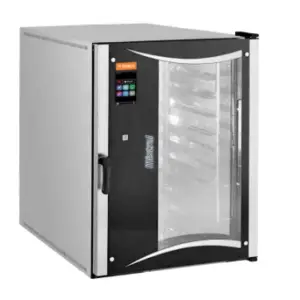 A tall, professional-grade stainless steel electric combi oven with a 16-rack capacity and a large digital touch screen interface on the front panel.