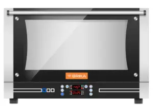 A compact professional stainless steel electric oven with a large front glass door and side-mounted controls.