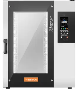 A professional-grade stainless steel electric combi oven with a front-mounted digital touch screen and a 10-rack interior capacity.