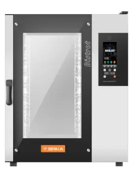 A professional-grade stainless steel electric combi oven with a front-mounted digital touch screen and a 10-rack interior capacity.