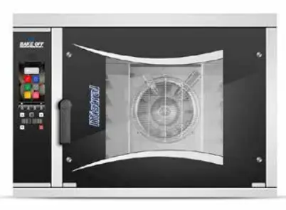 A stainless steel electric combi oven with a front-facing digital interface and a compact, 10-rack interior capacity.