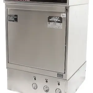 A professional stainless steel undercounter dishwasher with a 16-inch front-loading door opening and integrated control switches.