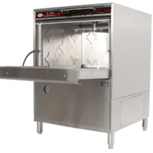 A stainless steel undercounter dishwasher with an open front door and four legs.