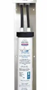 A tall single-cartridge water filtration system with an integrated pressure gauge and shut-off valve
