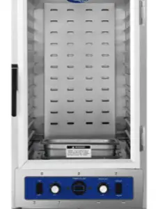 A stainless steel undercounter warming cabinet with a clear front door.
