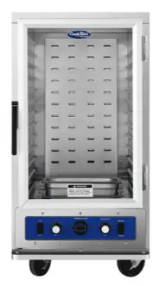 A stainless steel undercounter warming cabinet with a clear front door.