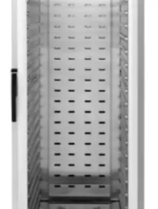 A tall, full-size stainless steel warming cabinet with a clear full-length door.