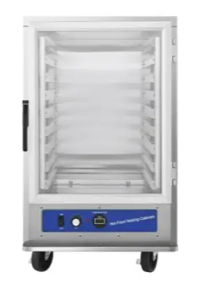 A compact, Energy Star certified stainless steel warming cabinet with a tempered glass door and digital temperature controls.